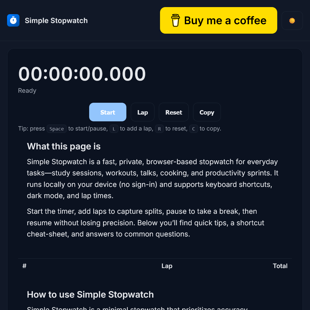 Simple Stopwatch — Fast, Accessible Online Stopwatch